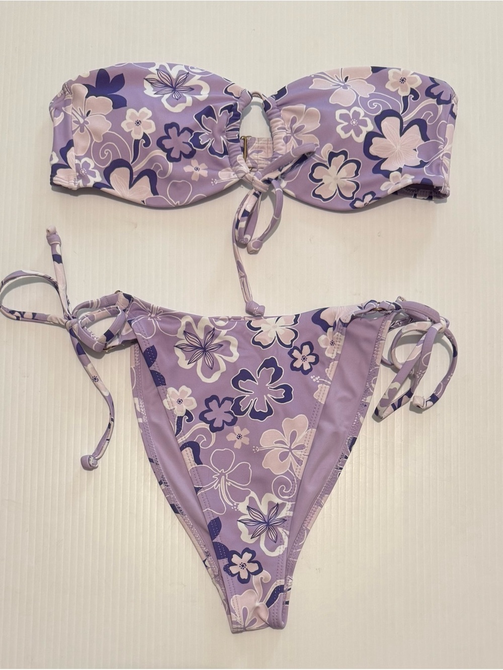 Pacsun LA Hearts Bandeau Top High Cut String Bikini Small Purple Floral Tropical